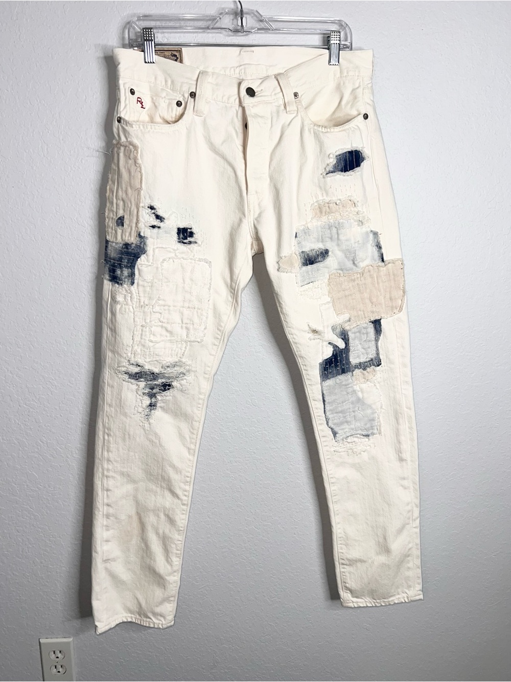 Polo Ralph Lauren VARICK Straight Distressed Patch Work Jeans Men Size 32 White